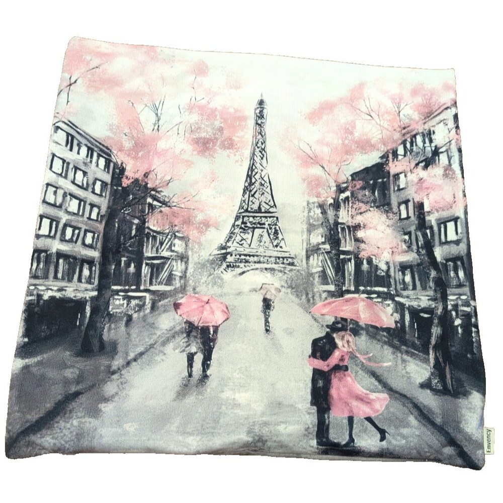 Throw Pillow Cover Paris Eiffel Tower Oil Painting Pink BLK Rain Dancing Couple